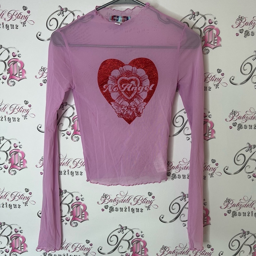 Urban Outfitters Pink Mesh Top with Red Heart no angel cherub heart sparkly